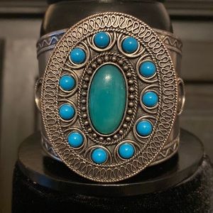 #1- Vintage 2.5" Mexican silver cuff with aquamarine faux stones